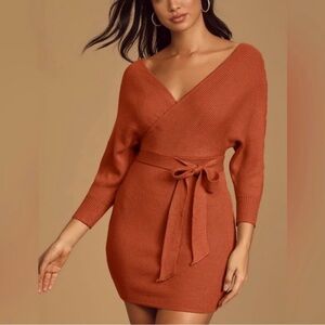 NWT! The Lulus Modena Terracotta Balloon Sleeve Bodycon Sweater Wrap Mini Dress